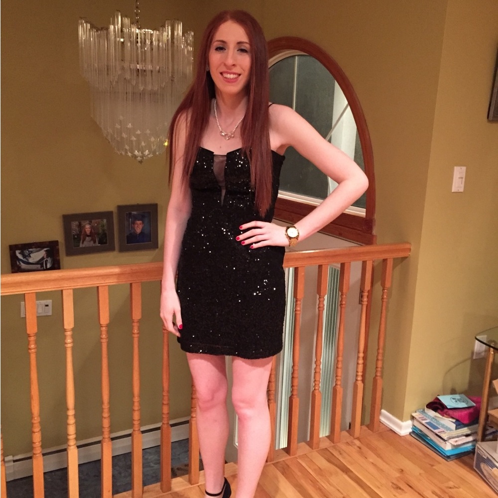 Hailey Logan by Adrianna Papell Black Sequin Mesh Front Open Back Mini Dress S - Picture 2 of 11